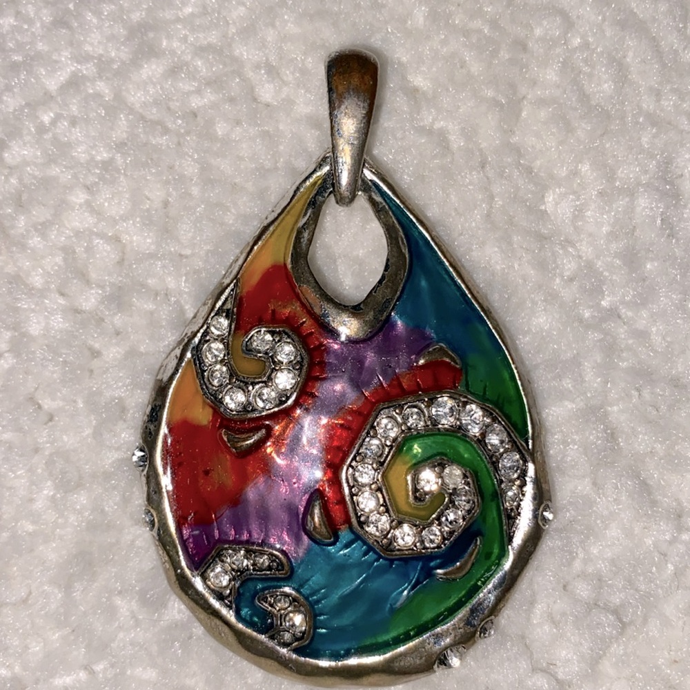 Handmade Enameled and Rhinestone Silver Look Chunky Pendant with Large Bale